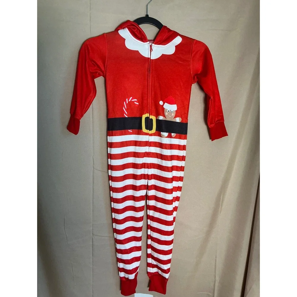 Unbranded Christmas Hooded Union Suit Kids Size 2-4 Red White Excellent Striped